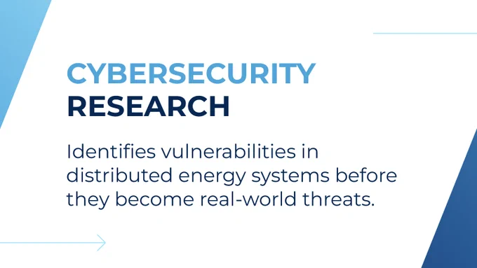 a white background with blue text that reads "cybersecurity research. Identifies vulnerabilities in distributed energy systems before they become real-world threats."
