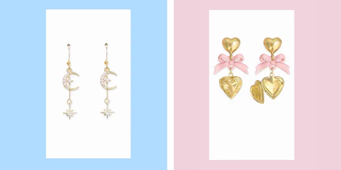 on the left is hook earrings with a crystal moon and a crystal star hanging below the moon. on the right is gold locket earrings with heart studs connected to a pink bow connected to a heart locket.