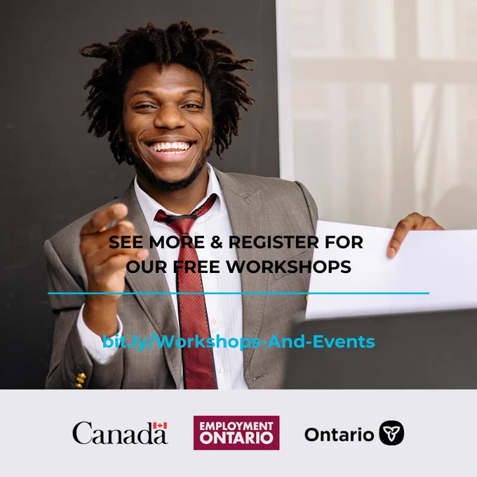 A smiling man in a suit points toward the camera while holding a sheet of paper beside a laptop. Text invites viewers to “See More & Register for Our Free Workshops” and includes the registration link: bit.ly/Workshops-And-Events. Canada, Employment Ontario, and Ontario logos appear at the bottom.