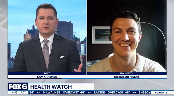 A screengrab of Dr. Robert Freidel joining Fox 6 News virtually, with anchor Sam Kraemer.