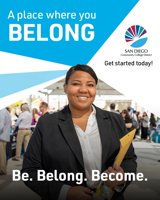 A lady holding a file. Text reads a place where you belong.