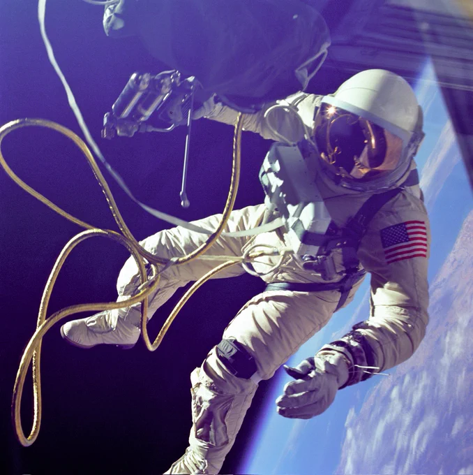 Photo of Edward white while Space walking outside Gemini 4.

Source: Wikipedia.com