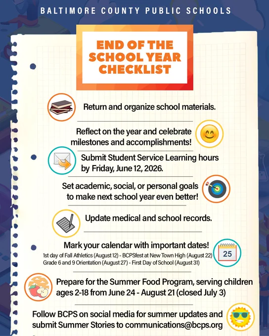 Checklist for Baltimore County Public Schools end-of-year tasks including returning materials, reflecting on achievements, and submitting service hours by June 12, 2026.