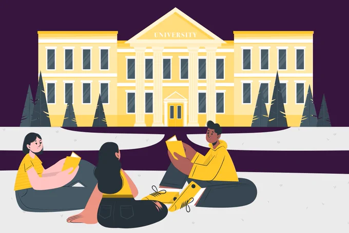 An illustration depicting a university campus scene under a dark purple sky. In the background stands a large, symmetrical, yellow university building with classical columns and the word "UNIVERSITY" written across the pediment. Green pine trees are scattered in front of the building along a winding path.

In the foreground, three students are sitting on a light-colored lawn, dressed in yellow and dark grey clothing that matches the scene's color palette. On the left, a student sits looking toward the center while holding an open book. In the center, another student is viewed from behind, facing a third student on the right who is sitting cross-legged and also reading an open book.

