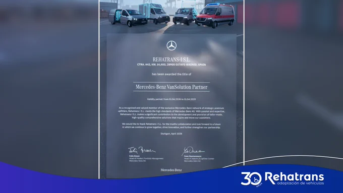 Certificado de Mercedes‑Benz que nombra a Rehatrans‑I S.L. Mercedes‑Benz VanSolution Partner, con imagen de varias furgonetas.