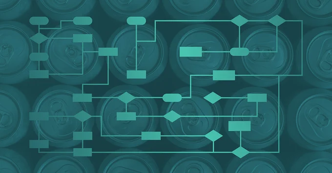 Abstract teal-toned image of aluminum cans viewed from above, overlaid with a network of connected flowchart shapes (rectangles, rounded nodes, and diamonds) linked by thin line.