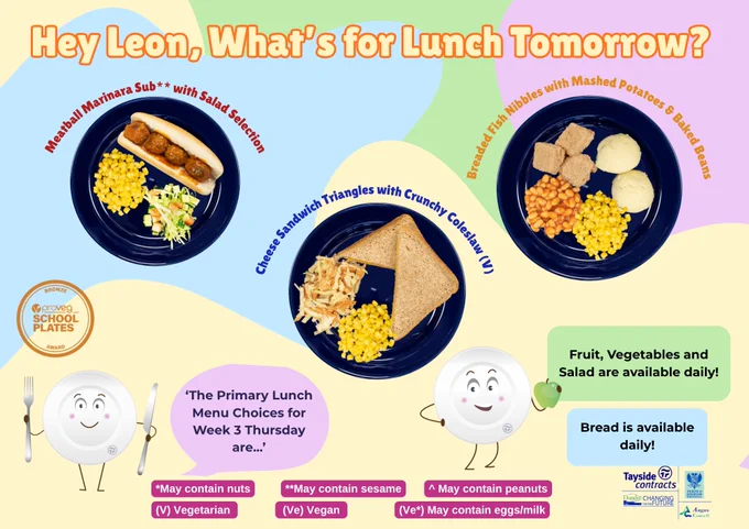 Poster showing three primary school lunch options for Thursday: meatball sub, cheese sandwich, and fish nibbles, with allergen info.