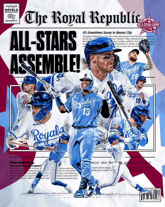 A graphic with cutout images of Bobby Witt Jr., Salvador Perez, Jac Caglianone, Maikel Garcia, Carter Jensen, Isaac Collins, Vinnie Pasquantino, Michael Massey, and Kyle Isbel, set against a background designed to resemble a newspaper. The headline reads" The Royals Republic: All-Stars Assemble!"