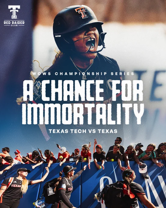 Texas Tech softball player in full gear celebrating with mouth open during the WCWS Championship Series, with fans cheering along the field barrier and bold text reading "A Chance for Immortality — Texas Tech vs Texas."