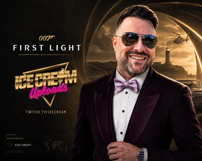 Graham Day, dressed in the Twitch Purple Suit in game, with the First Light and ICU logos on the left, plsu the stream link.