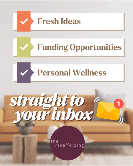 A promotional image for a newsletter featuring themes of innovation, funding, and wellness. A background image of a stylish living room complements the text.