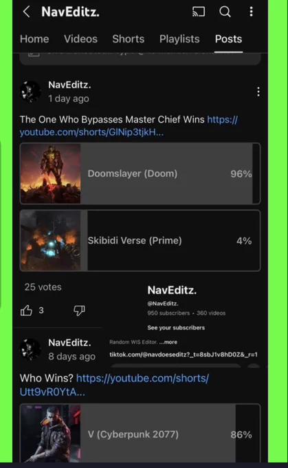 Screenshot of my channel's community post section showing interactive fan polls. It displays active community engagement where I asked my audience "who would win" in specific 1v1 character matchups, proving my channel was a genuine, interactive community hub.