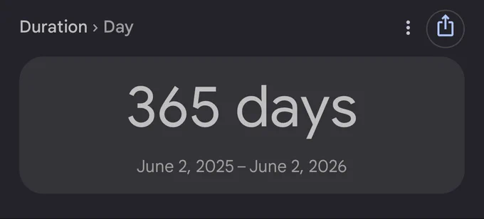 Duration tracker screenshot displaying "365 days" between June 2, 2025, and June 2, 2026. This visually represents the exact one-year milestone since my YouTube channel was terminated without explanation, documenting a full year of being left in limbo by the platform.