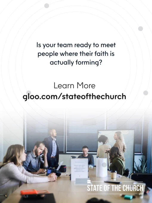 A professional team meeting setting with diverse individuals discussing. Promotional text overlay about meeting faith needs.