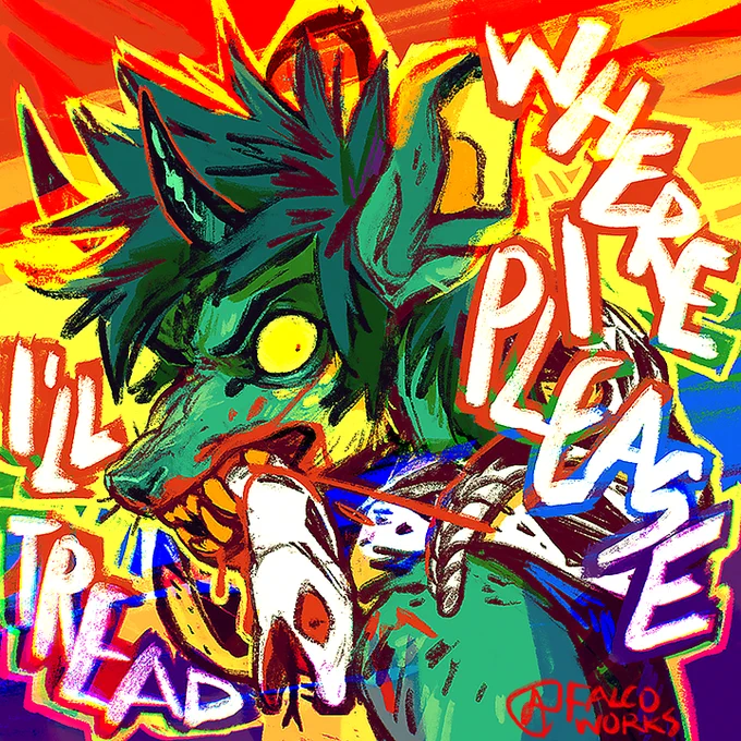 An anthro deer monster crunches the throat of a rattlesnake in eye-searing rainbow colors. Text surrounding them reads "I'll tread where I please."
