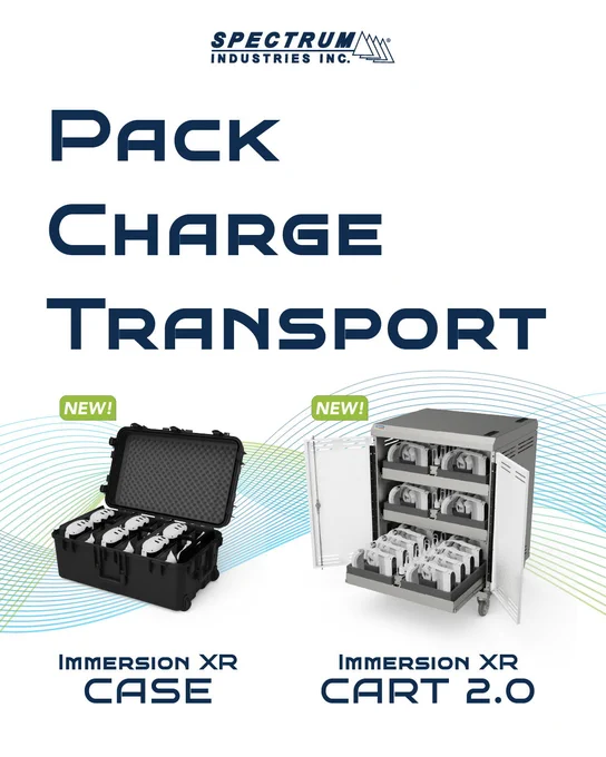 Graphic with “Pack Charge Transport,” showing NEW rolling VR travel case and steel charging cart with slide-out drawers.