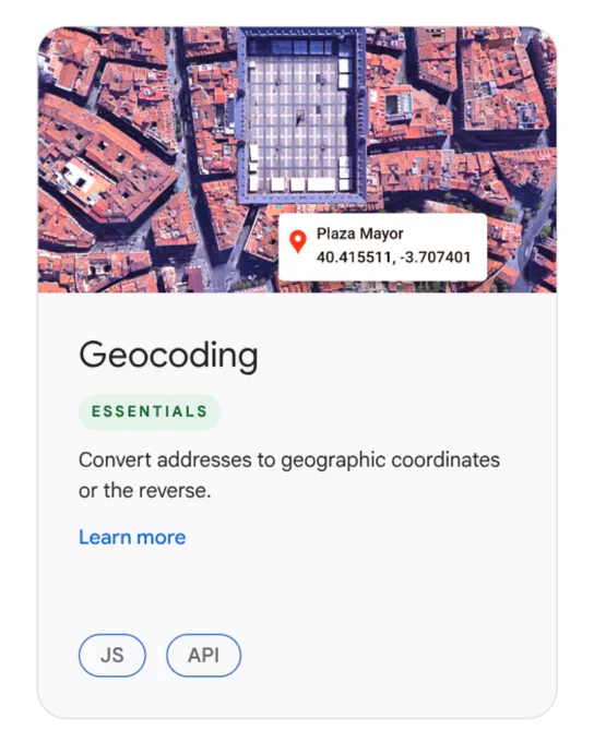An informational card for Geocoding featuring an aerial photo of Plaza Mayor with its coordinates on a location pin. The text below describes the service as an essential tool to convert addresses to geographic coordinates or the reverse, with tags for "JS" and "API" at the bottom.