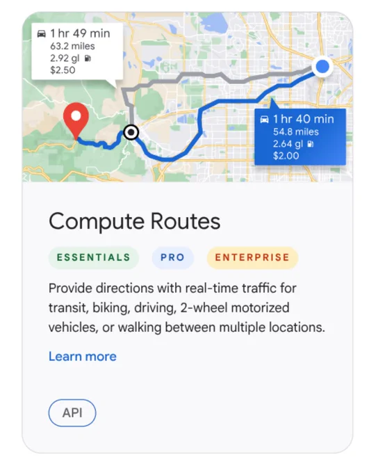 A card for "Compute Routes" displays a map with two paths showing travel data, such as a blue route labeled "1 hr 40 min" and a gray route labeled "1 hr 49 min." Below, text describes providing real-time directions for various transit modes, with badges for "ESSENTIALS," "PRO," and "ENTERPRISE" service tiers. The bottom of the card includes a "Learn more" link and an "API" button.
