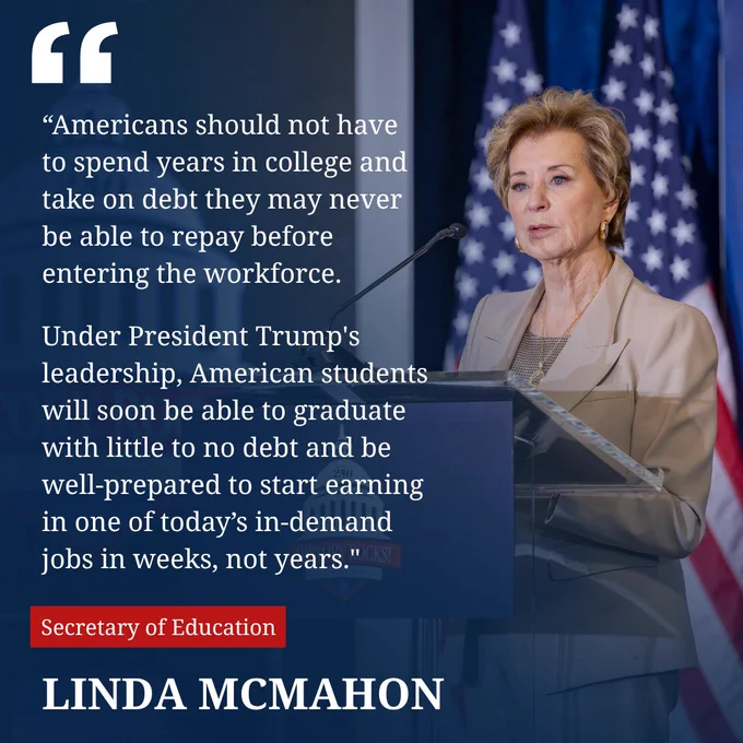 Secretary of Education Linda McMahon speaks at a podium with American flags behind her, emphasizing reducing student debt and accelerating workforce entry.