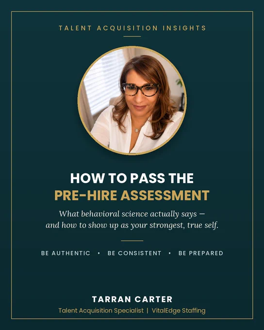 "I think I bombed the personality test."
I hear it almost every week. After 20  years in talent acquisition, here's the truth I want every candidate to know:
A pre-hire assessment is not a school exam. There is no universal "A." 👇
Tools like Infor Talent Science, Predictive Index, and DISC don't score "right answers." They measure your behavioral preferences — how you work with others, how you lead, your work style, what motivates you, how you solve problems — and compare them to a profile built from the people already succeeding in that exact role.
So the same answer that's a "10" for one job can be a mismatch for another. It's about fit, not pass/fail.
Three things the research is clear on:
1. Be authentic. Modern assessments use forced-choice questions and built-in validity checks designed to catch people answering "the way they think the employer wants." The data shows the payoff from faking is small — and the odds of getting flagged are real.
2. Be consistent. The same trait is m