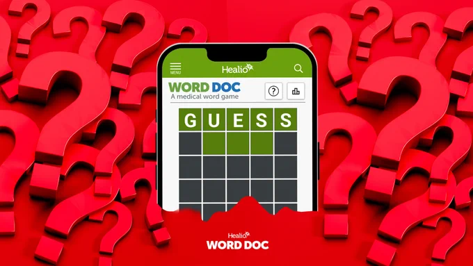A smartphone screen displays a medical word game called 'Word Doc' with the word 'GUESS'. The background is filled with large red question marks, creating a playful and engaging atmosphere.