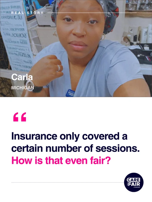 Healthcare worker Carla from Michigan highlighting issues with insurance session caps.