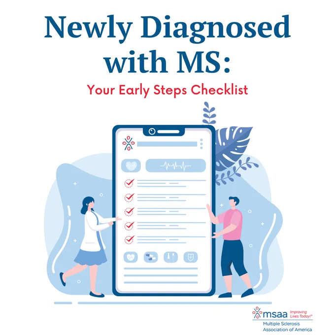Cover image titled "Newly Diagnosed with MS: Your Early Steps Checklist." It features an illustration of two individuals interacting with a large clipboard displaying a checklist, with MSAA (Multiple Sclerosis Association of America) logo at the bottom.
