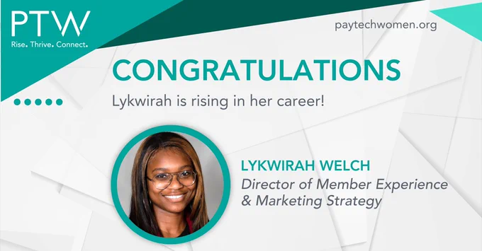 🙌 CONGRATULATIONS to Lykwirah Welch for her promotion to Director of Member Experience & Marketing Strategy at PayTech Women!

We are excited to see what's next as you help our #PTWomen Community RISE – Onward & Upward 🚀 
#RiseThriveConnect #WomenEmpoweringWomen #paytech #payments #fintech