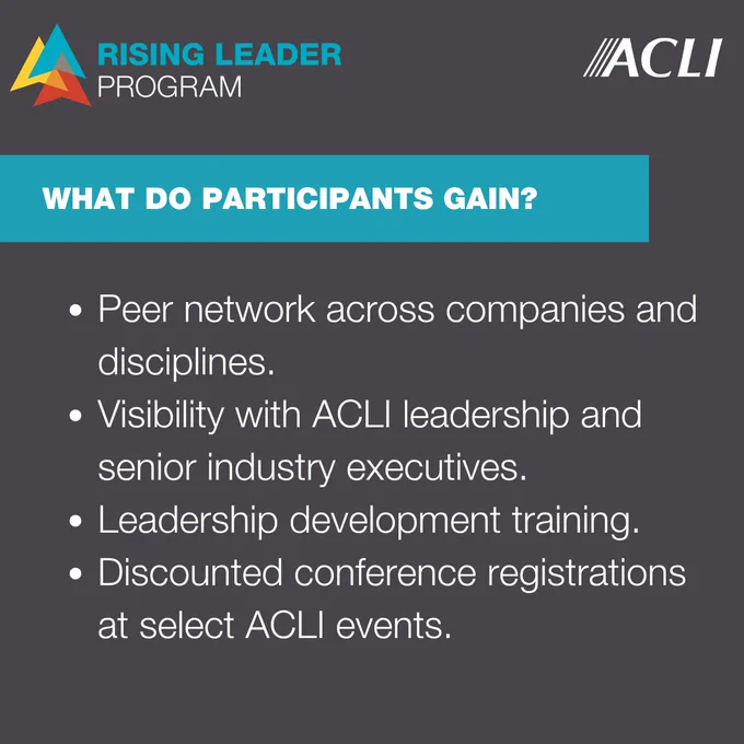 The image shows a promotional graphic for the "Rising Leader Program" by ACLI. The text highlights participant benefits: peer networking, visibility with ACLI leadership, leadership development training, and discounted conference registrations at certain ACLI events.