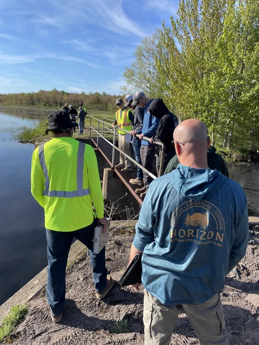 Dam workshop participants at first stop, Lake Le Vasseur Dam.
