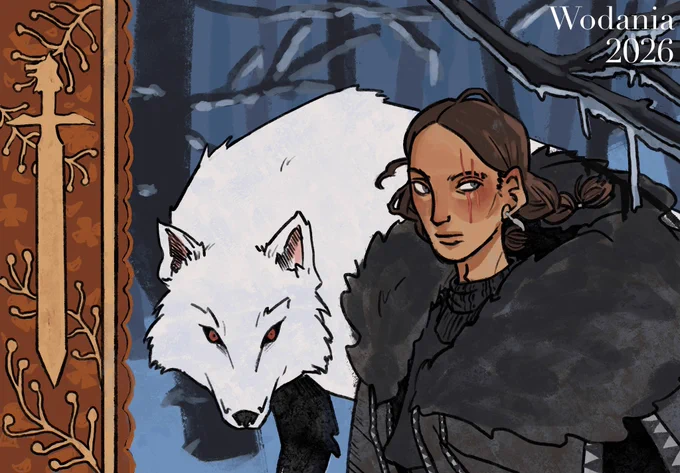 a drawing of jon snow and ghost in a dark, snowy forest. there is a border drawn on the left hand side. jon, ghost, and the border are drawn in brighter and warmer tones, contrasting the dark, cool colours of the forest behind them. jon wears dark clothes, and his brown hair is tied in two braids. ghost lurks behind him, posed as if to pounce. the border is a warm orange-brown, depicting plants behind the silhouette of jon’s sword.