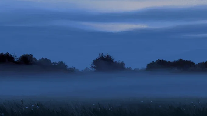 Digital painting of a foggy morning scene in a field: the fog is thick, close to the ground. There are outlines of some trees coming up above the fog bank, and the sky is mostly opaque, with daylight coming in between some layers of blue clouds. The grass in the foreground is tall, white wildflowers sprinkled all over.
