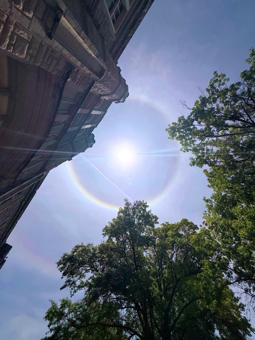 Low-angle view looking up at a bright sun encircled by a large, circular rainbow sun halo in a clear blue sky, framed by a stone building facade and green tree canopies.
