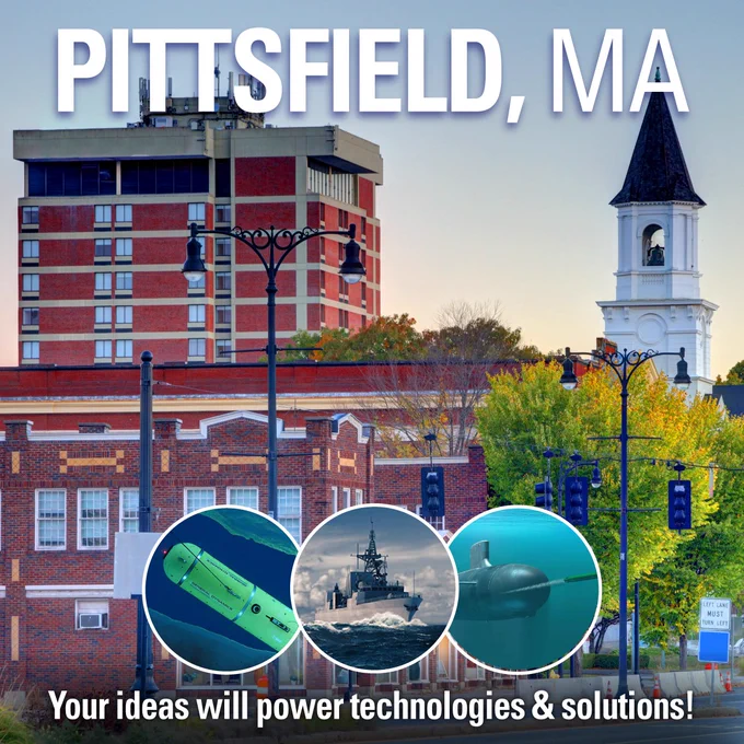 Cityscape of Pittsfield, MA with buildings and a church steeple. Below are images of a marine vessel, a navy ship, and a submarine, with the text: "Your ideas will power technologies & solutions!

GDMissionSystems.com/Careers