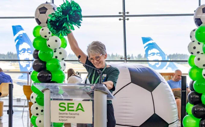 Pep rally event to celebrate the opening of FIFA in Seattle. Blue Thunder, soccer stunts, and cheerleader led the way. June 3, 2026.