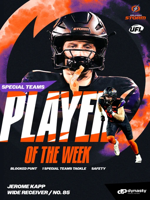 Dynamic sports graphic featuring a football player honored as Special Teams Player of the Week. Bold text and vivid colors capture attention.