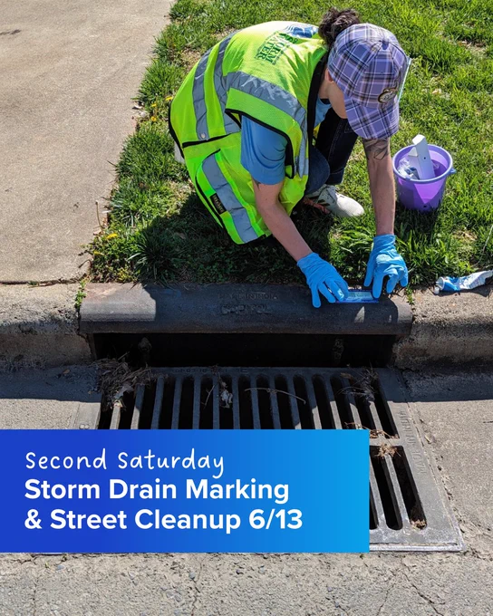 A person wearing a reflective vest, gloves, and a plaid cap is crouched by a street storm drain, applying a marker. A purple bucket is nearby on the grass. A banner reads "Second Saturday Storm Drain Marking & Street Cleanup 6/13.