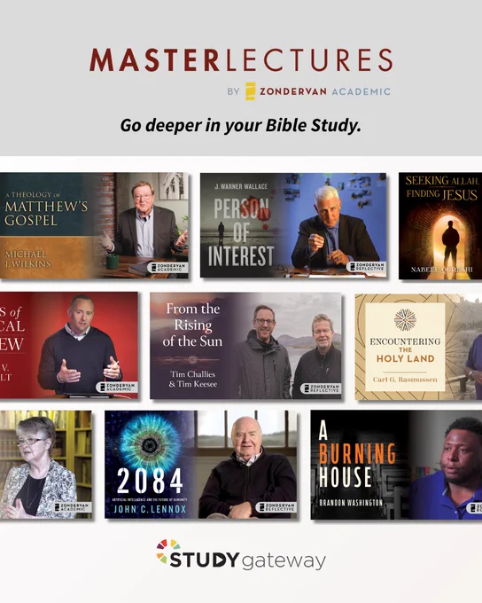 The image is a poster for "MasterLectures" by Zondervan Academic. It features a variety of online video study covers related to Bible study, including titles such as "The Theology of Matthew's Gospel," "Person of Interest," "Seeking Allah, Finding Jesus," "2084" by John C. Lennox, and "A Burning House" by Brandon Washington. The bottom features the StudyGateway logo.
