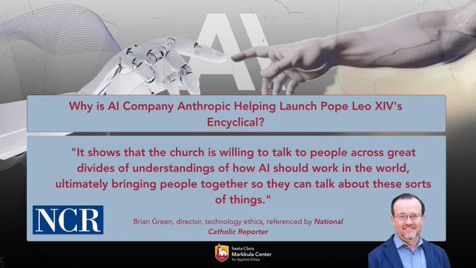 This image features a quote on the collaboration between an AI company and Pope Leo XIV's encyclical. A robotic hand and a human hand are depicted, symbolizing technology and humanity. The logo for the National Catholic Reporter is visible. A quote by Brian Green, referenced by the publication, is shown. The background displays an abstract design with large "AI" text.