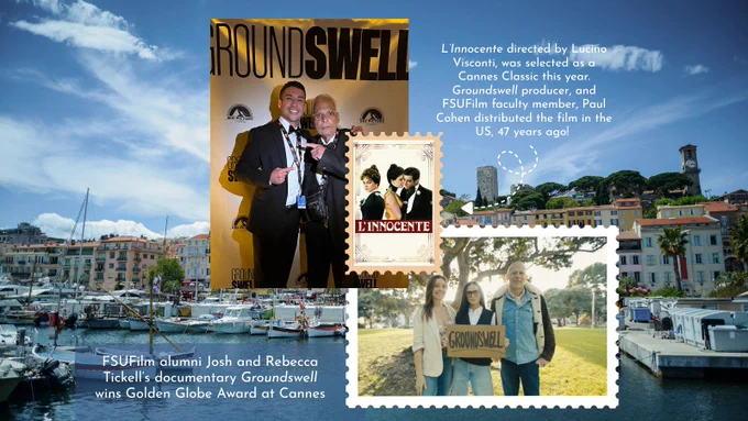 This collage features an image of two individuals in suits, with one pointing, standing in front of a "Groundswell" backdrop. Another section has a vintage-style inset with a film poster titled "L'innocente." A third section shows three people outdoors holding a "Groundswell" sign. In the background is a scenic view of a coastal town with colorful buildings. Text highlights the selection of "L'innocente" as a Cannes Classic, having been distributed by an FSUFilm faculty member and producer of "Groundswell" and mentions FSUFilm alumni winning a Golden Globe for the documentary "Groundswell."