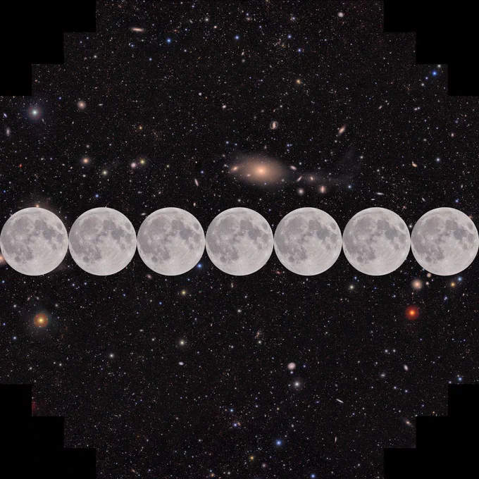 A sprawling, textured field of galaxies is scattered across the deep black of space in the shape of Rubin Observatory's camera detector plane — a square shape with stair-step corners.  It is filled with the delicate smudges and glowing cores of galaxies of many shapes, sizes and colors, as well as the bright multi-colored points of stars. Seven full Moons span the width across the center, showing the size scale of the image.