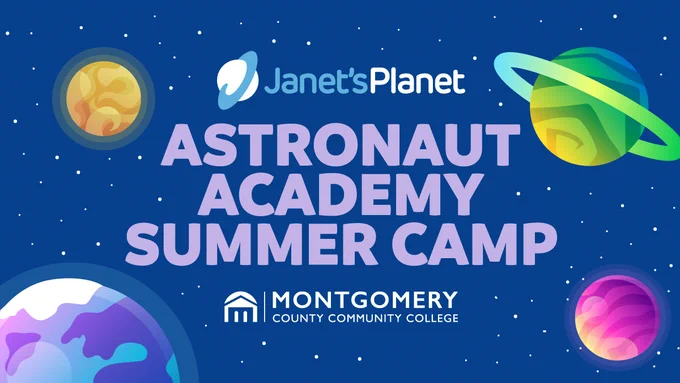 The image is a colorful advertisement for "Janet's Planet Astronaut Academy Summer Camp" featuring illustrations of planets and stars against a dark blue background. The logo of Montgomery County Community College is displayed at the bottom.