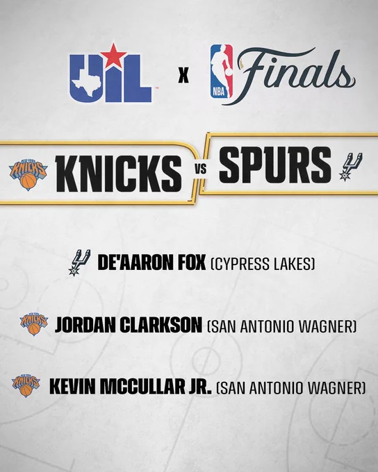 Graphic promoting UIL alumni in the NBA Finals. The UIL logo and NBA Finals logo appear at the top above a Knicks vs. Spurs matchup banner. Below, three former UIL basketball players are listed with their high schools and current NBA Finals teams: De'Aaron Fox (Cypress Lakes) with the Spurs, Jordan Clarkson (San Antonio Wagner) with the Knicks, and Kevin McCullar Jr. (San Antonio Wagner) with the Knicks. The background features a subtle basketball court design.