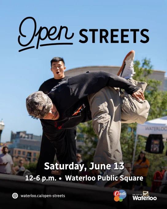 A person is break dancing at an outdoor event with a crowd watching under a blue sky with text overlay that says "Open Streets. Saturday, June 13. 12-6 p.m. Waterloo Public Square. waterloo.ca/open-streets" Logos for Create Waterloo and City of Waterloo are displayed at the bottom.