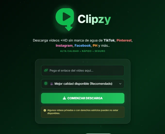 Clipzy: Descarga videos/audio en  HD de cualquier red social o plataforma sólo con el enlace.