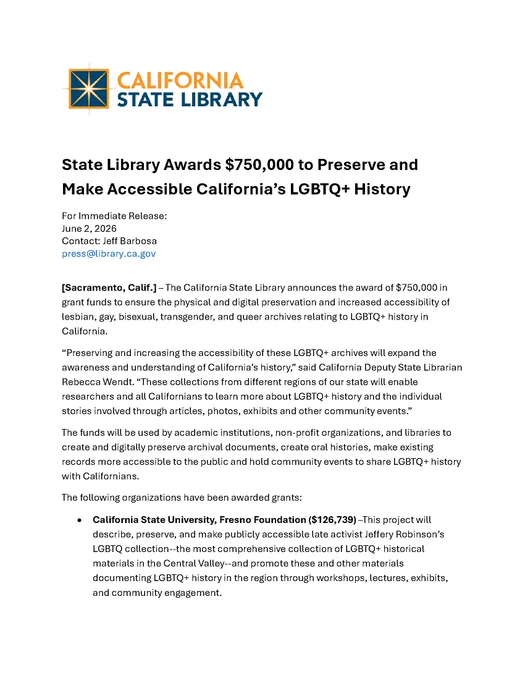 Page one of CA State Library's June 2 press release "State Library Awards $750,000 to preserve and Make Accessible California's LGBTQ  History."