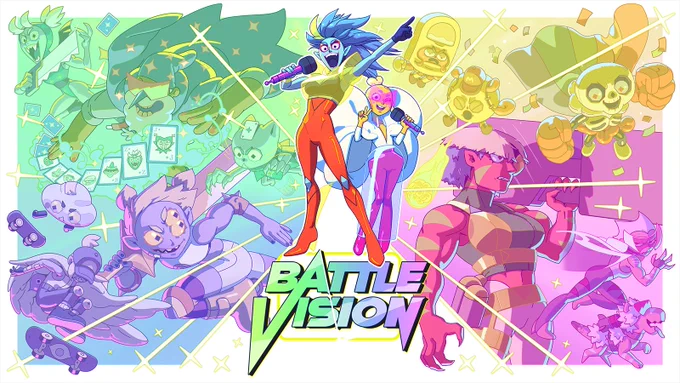 Key art for Battle Vision, featuring Clutch and Yo in the center. They are in bright clothes and holding mics. Surrounding them are various characters in colourful sections, ranging from blue to green to yellow to pink/purple. The Battle Vision logo is at the bottom of the image.
