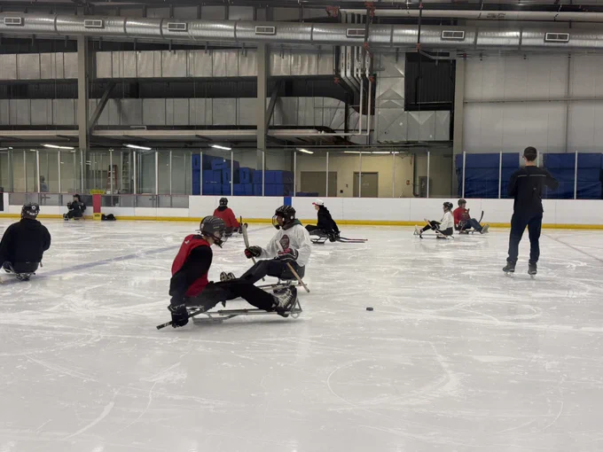 Group of people playing sledge hockey on ice rink.