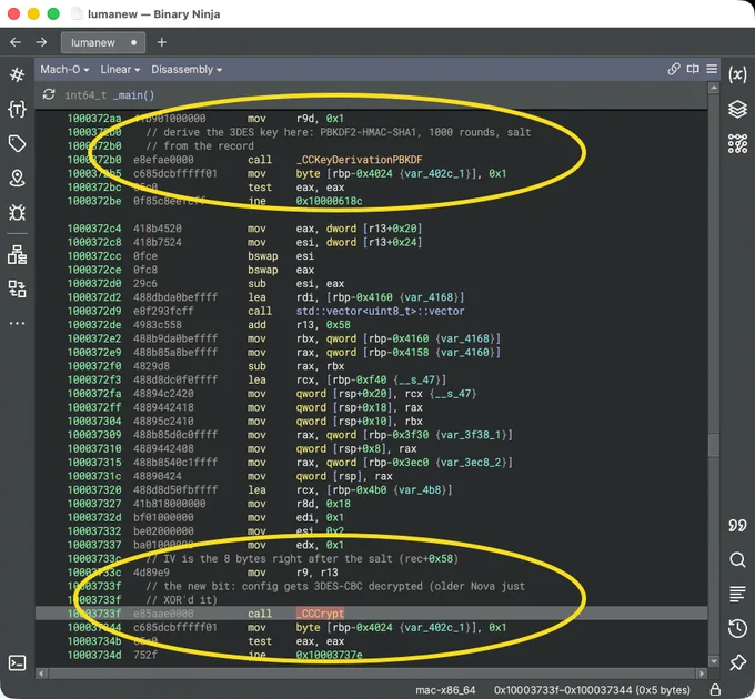 now PBKDF2-HMAC-SHA1   3DES-CBC - older Nova/MioLab stealer used inline XOR/stream