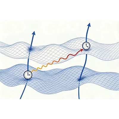 Illustration depicting a conceptual representation of gravitational wave strain. The image features wavy grids suggesting the curvature of space-time, with small clocks placed on the grids. An arrow connects two points on the waves, indicating movement.